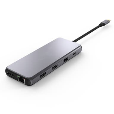 NÖRDIC 1–13 USB C -telakointiasema, kolme näyttöä, 4K 60 Hz, RJ45 Giga Ethernet, PD 87 W 5x USB A, kortinlukija ja ääni