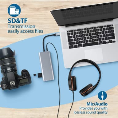 NÖRDIC 1–13 USB C -telakointiasema, kolme näyttöä, 4K 60 Hz, RJ45 Giga Ethernet, PD 87 W 5x USB A, kortinlukija ja ääni
