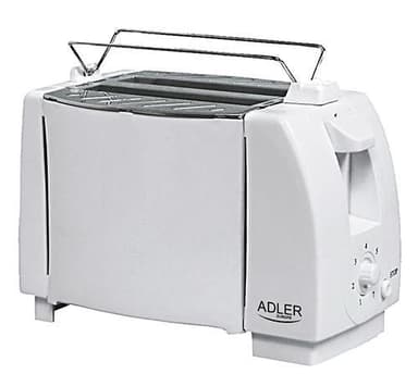 Adler Leivänpaahdin AD 33 Valkoinen, Muovi, 750 W, Paikkojen lukumäärä 2, Sisältää pullalämmittimen