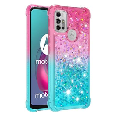 SKALO Moto G20/G30 Juoksuhiekka Glitter Sydämet TPU kuori - Pinkki-Turkoosi