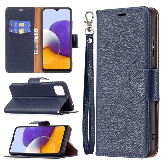 SKALO Samsung A22 5G Premium Litchi Lompakkokotelo - Sininen