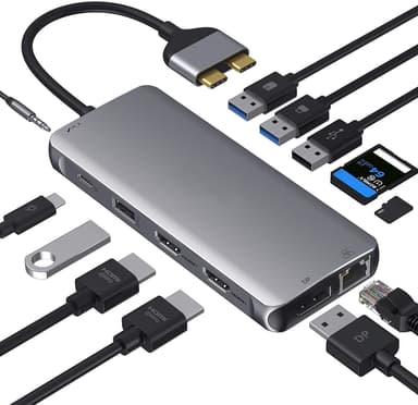 Macbook Pro -telakointiasema 1–12 porttiin, Dual HDMI, 1x DP, 1x USB C, PD 87 W, 1x RJ45 Giga, 4x USB A, 2xSD/TF 1x -ääni