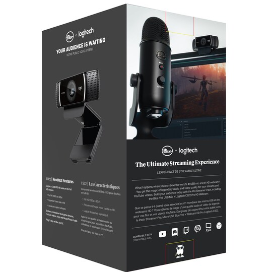 Logitech C922 Pro Webcam & Blue Yeti mic streaming pakkaus