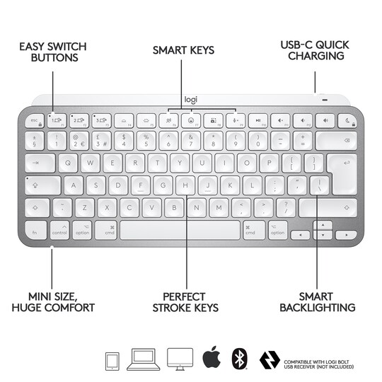Logitech MX Keys Mini for Mac langaton näppäimistö (vaaleanharmaa)