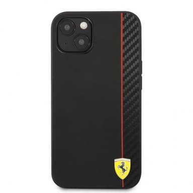 Ferrari iPhone 13 Mini Kuori Carbon Effect Metal Logo Vertical Stripe Musta