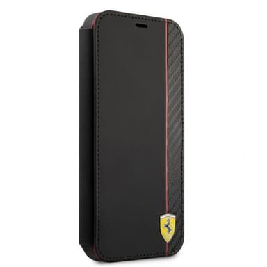 Ferrari iPhone 13 Mini Kotelo Carbon Effect Metal Logo Vertical Stripe Musta
