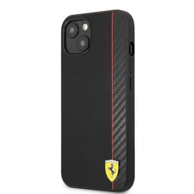 Ferrari iPhone 13 Mini Kuori Carbon Effect Metal Logo Vertical Stripe Musta
