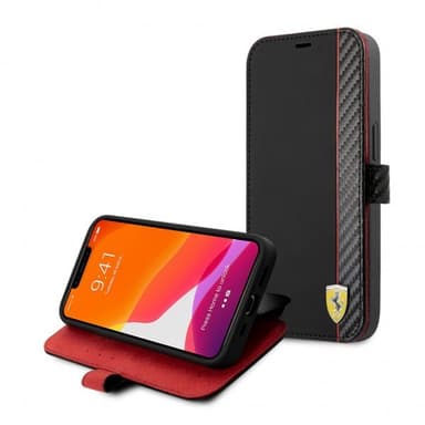 Ferrari iPhone 13 Mini Kotelo Carbon Effect Metal Logo Vertical Stripe Musta