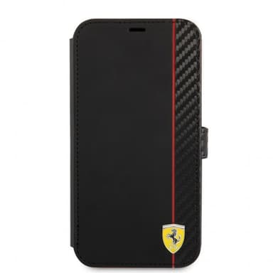 Ferrari iPhone 13 Mini Kotelo Carbon Effect Metal Logo Vertical Stripe Musta