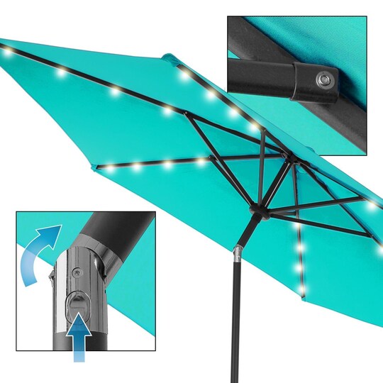 ECD-Germany Alu sateenvarjo Turquoise Ø 300 cm pyöreä LED auringon valaistus ja