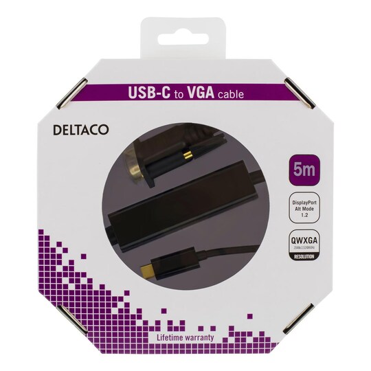 DELTACO USB-C - VGA, QWXGA 2048x1152 60Hz, 5m, DP 1.2 Alt-tila, musta
