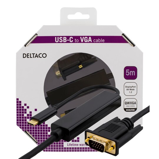 DELTACO USB-C - VGA, QWXGA 2048x1152 60Hz, 5m, DP 1.2 Alt Mode, musta