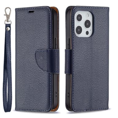 SKALO iPhone 13 Pro Premium Litchi Lompakkokotelo - Tummansininen