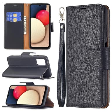 SKALO Samsung A02s / A03s Premium Litchi Lompakkokotelo - Musta