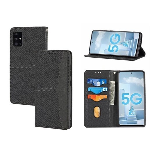 Matkapuhelimen kotelo hihnalla ja korttipaikoilla mallille Samsung Galaxy A71 - Musta