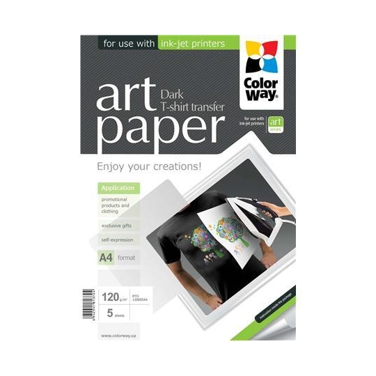ColorWay ART T-paitasiirtopaperi (tumma) valokuvapaperi, 5 arkkia, A4, 120 g/m²