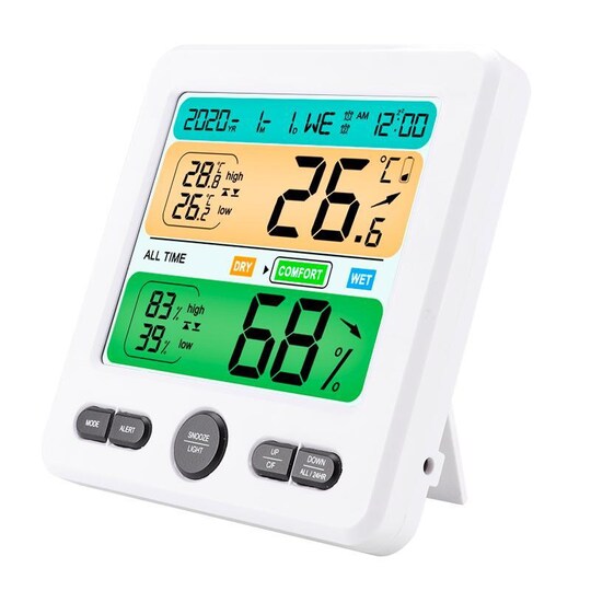 Digitaalinen lämpömittari / kosteusmittari herätyskellolla Valkoinen