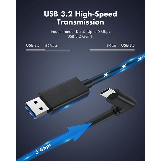 NÖRDIC VR Link-kaapeli 5 m USB3.2 Gen1 USB-C - 5 Gbps 3A nopea lataus Oculus Quest 2 Super Speed ​​​​USB Link-kaapeli