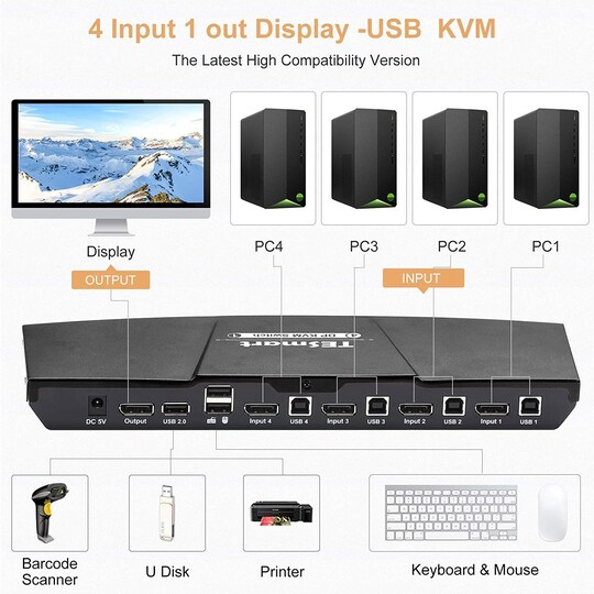 NÖRDIC KVM Switch 4 PC 1xDP 4K 60Hz ja 3xUSB HDCP 2.2 Xboxille, PS5:lle ja kannettavalle tietokoneelle