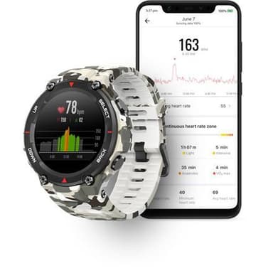 Amazfit T-Rex Smart kello, GPS (satelliitti), AMOLED-näyttö, kosketusnäyttö, sykemittari, aktiivisuuden seuranta 24/7, vedenpitävä, Bluetooth, Camo Green