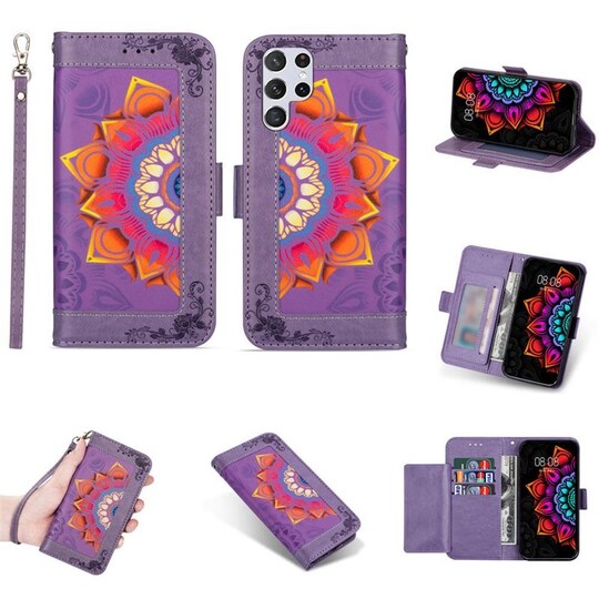 Flower Lompakkokotelo 4-kortti Samsung Galaxy S22 Ultra - Violetti