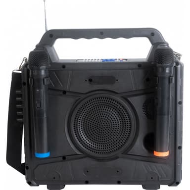 Kannettava karaokekaiutin, jossa on näyttö ja 2 mikrofonia