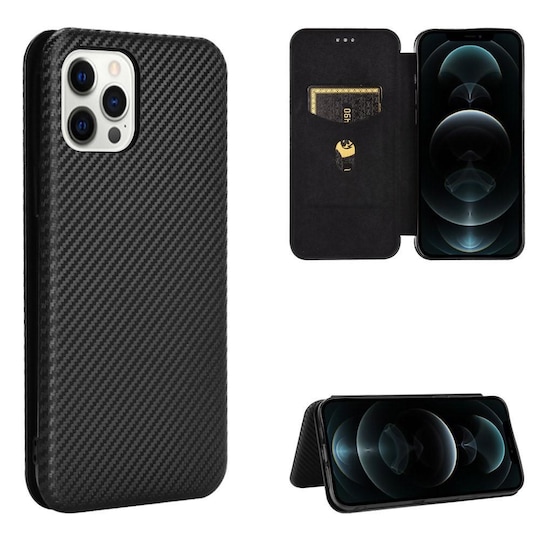SKALO iPhone 13 Pro Max Carbon Fiber Lompakkokotelo - Musta