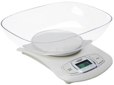 Adler AD 3137 Keittiövaaka, Kapasiteetti 5 kg, asteikko 1 g, Suuri LCD-näyttö, Automaattinen nolla/automaattinen sammutus, Suuri kulho, Valkoinen Adler Adler AD 3137 Suurin paino (kapasiteetti) 5 kg, asteikko 1 g, Näytön tyyppi L
