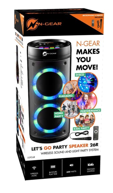 N-Gear Kannettava Bluetooth-kaiutin Let's Go Party -kaiutin 26R 600 W, Kannettava, Langaton yhteys, Musta, Bluetooth