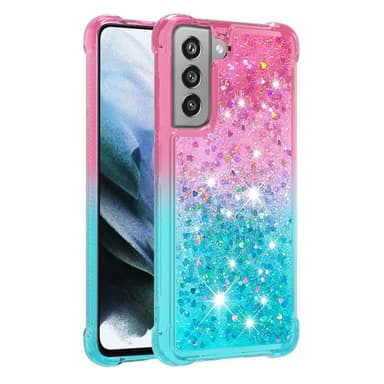 SKALO Samsung S21 FE Juoksuhiekka Glitter Sydämet TPU kuori - Pinkki-Turkoosi