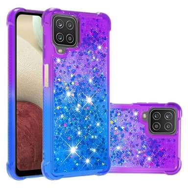 SKALO Samsung A12 Juoksuhiekka Glitter Sydämet TPU kuori - Violetti-Sininen