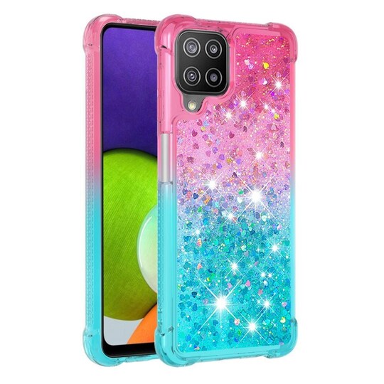 SKALO Samsung A22 4G Juoksuhiekka Glitter Sydämet TPU kuori - Pinkki-Turkoosi