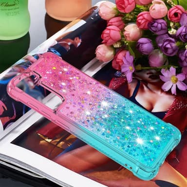 SKALO Samsung S21 FE Juoksuhiekka Glitter Sydämet TPU kuori - Pinkki-Turkoosi