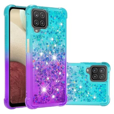 SKALO Samsung A12 Juoksuhiekka Glitter Sydämet TPU kuori - Turkoosi-Violetti