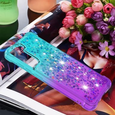 SKALO Samsung S21 FE Juoksuhiekka Glitter Sydämet TPU kuori - Turkoosi-Violetti