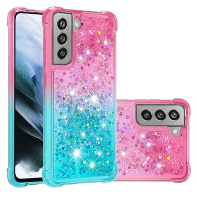 SKALO Samsung S21 FE Juoksuhiekka Glitter Sydämet TPU kuori - Pinkki-Turkoosi