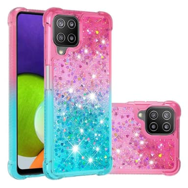 SKALO Samsung A22 4G Juoksuhiekka Glitter Sydämet TPU kuori - Pinkki-Turkoosi