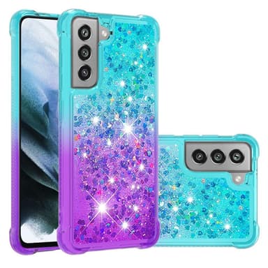 SKALO Samsung S21 FE Juoksuhiekka Glitter Sydämet TPU kuori - Turkoosi-Violetti