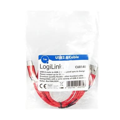 Logilink USB 2.0 -kaapeli CU0148 1 m, punainen, USB-A-uros, USB-C-uros