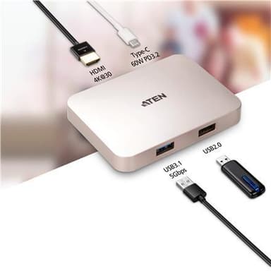 Aten USB-C 4K Ultra Mini -telakka ja Power Pass-through USB 3.0 (3.1 Gen 1) -porttien määrä 1, USB 2.0 -porttien määrä 1, HDMI-porttien määrä 1, USB 3.0 (3.1 Gen 1) C-tyypin porttien määrä 1