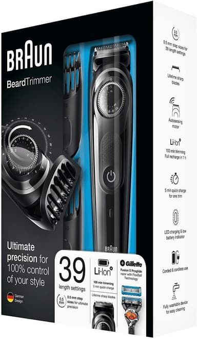 Braun partatrimmeri BT5042 Käyttöaika (max) 100 min, Pituusaskelmien lukumäärä 39, Askeltarkkuus 0,5 mm, Lithium Ion, Musta, Langaton