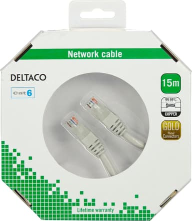 DELTACO UTP Cat6 laitekaapeli, 15m, harmaa, blisterpakkaus