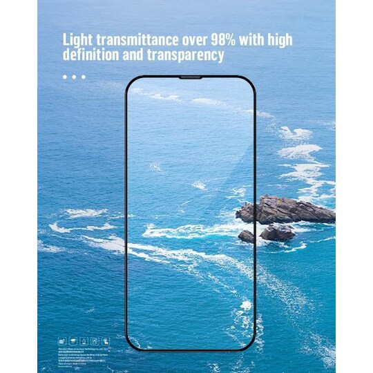 iPhone 13 Pro Max Näytönsuoja mustalla kehyksellä ja pölysuojuksella Karkaistu lasi