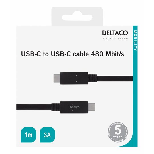 DELTACO USB 2.0 USB-CUSB-C-kaapeli, 1 m, USB-IF, 480 Mbit/s, musta