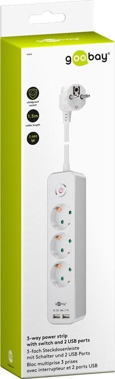 Goobay 3-suuntainen jatkojohto kytkimellä ja 2 USB-portilla