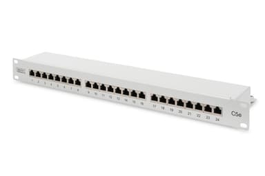 Digitus Patch Panel DN-91524S Valkoinen, 48,2 x 4,4 x 10,9 cm, Luokka: CAT 5e  Portit: 24 x RJ45  Pidätyslujuus: 7,7 kg  Työntövoima: 30N max