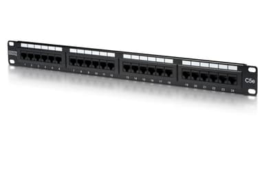 Digitus Patch Panel DN-91524U Musta, 48,2 x 4,4 x 10,9 cm, Luokka: CAT 5e  Portit: 24 x RJ45  Pidätyslujuus: 7,7 kg  Työntövoima: 30N max