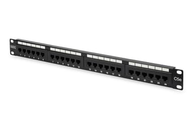 Digitus Patch Panel DN-91524U Musta, 48,2 x 4,4 x 10,9 cm, Luokka: CAT 5e  Portit: 24 x RJ45  Pidätyslujuus: 7,7 kg  Työntövoima: 30N max