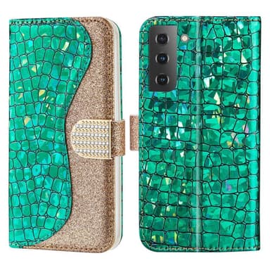SKALO Samsung S22 Croco Kimaltava lompakkokotelo - Vihreä