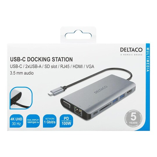 DELTACO USB-C -telakointiasema HDMI / VGA / 2xUSB-A PD 3.0 spc harmaa